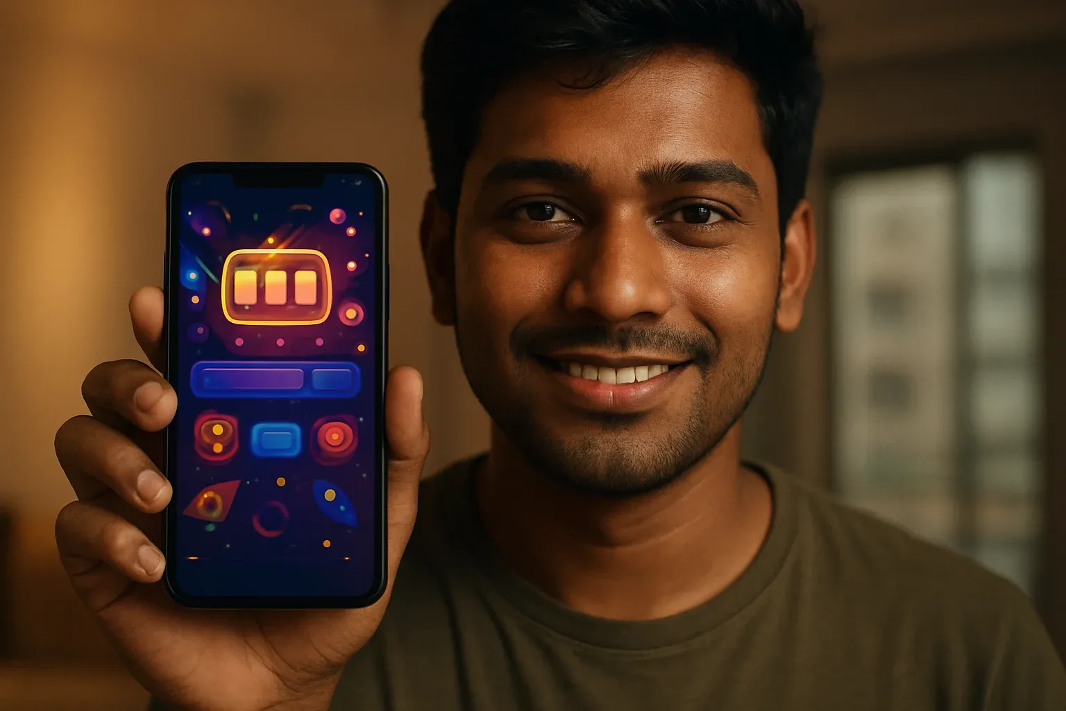 Young Bangladeshi man holding smartphone showing glowing colorful casino app interface