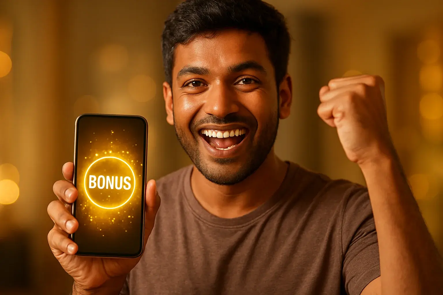 Joyful Bangladeshi man celebrating, holding smartphone with glowing golden bonus notification