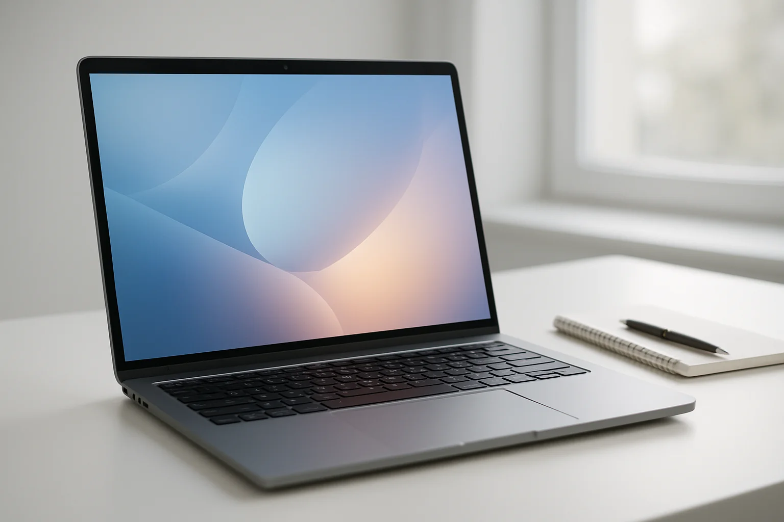 Modern laptop on white desk with abstract glowing screen in daylight