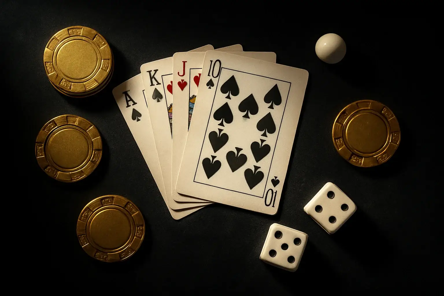Top-down dark velvet casino scene with gold chips, cards, dice, roulette ball