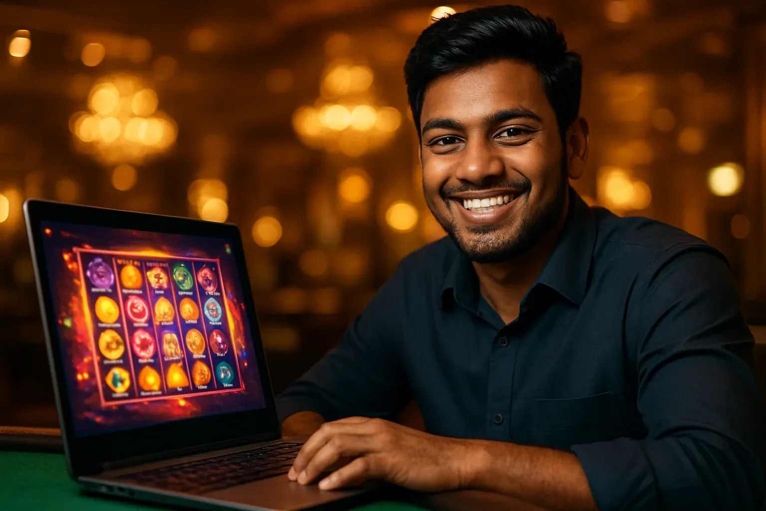 Cheerful Bangladeshi man smiling at laptop with glowing casino interface