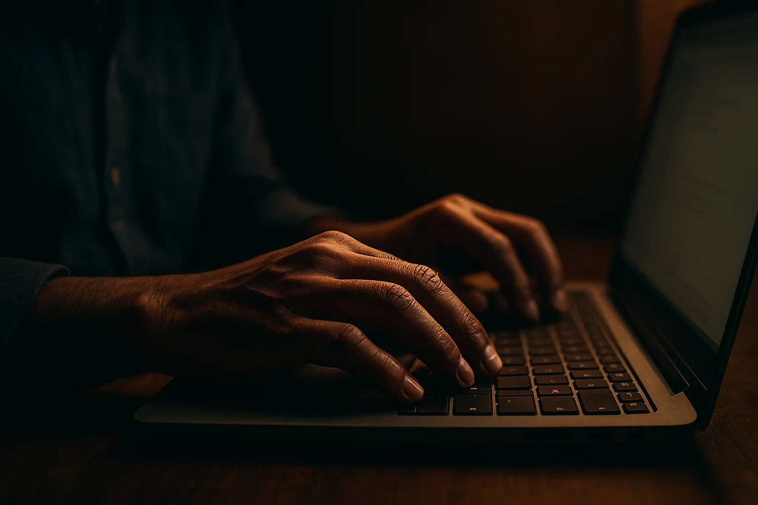 Bangladeshi man hands typing on modern laptop keyboard in dramatic light