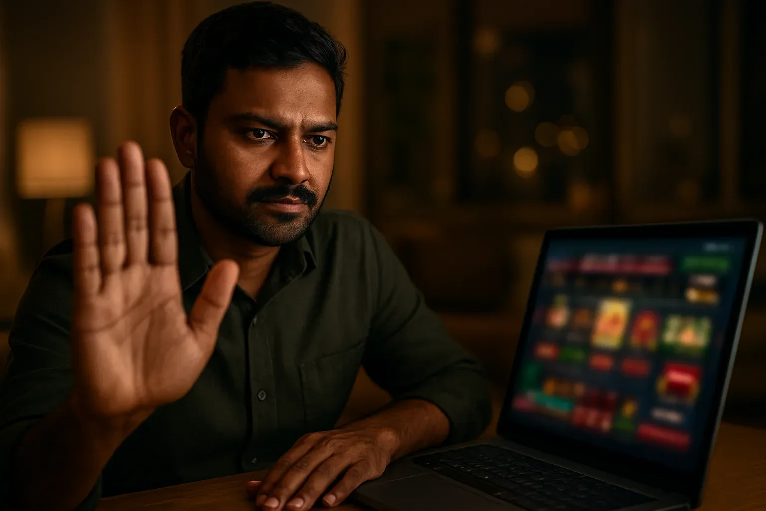 Bangladeshi man makes stop gesture by laptop with blurred online casino