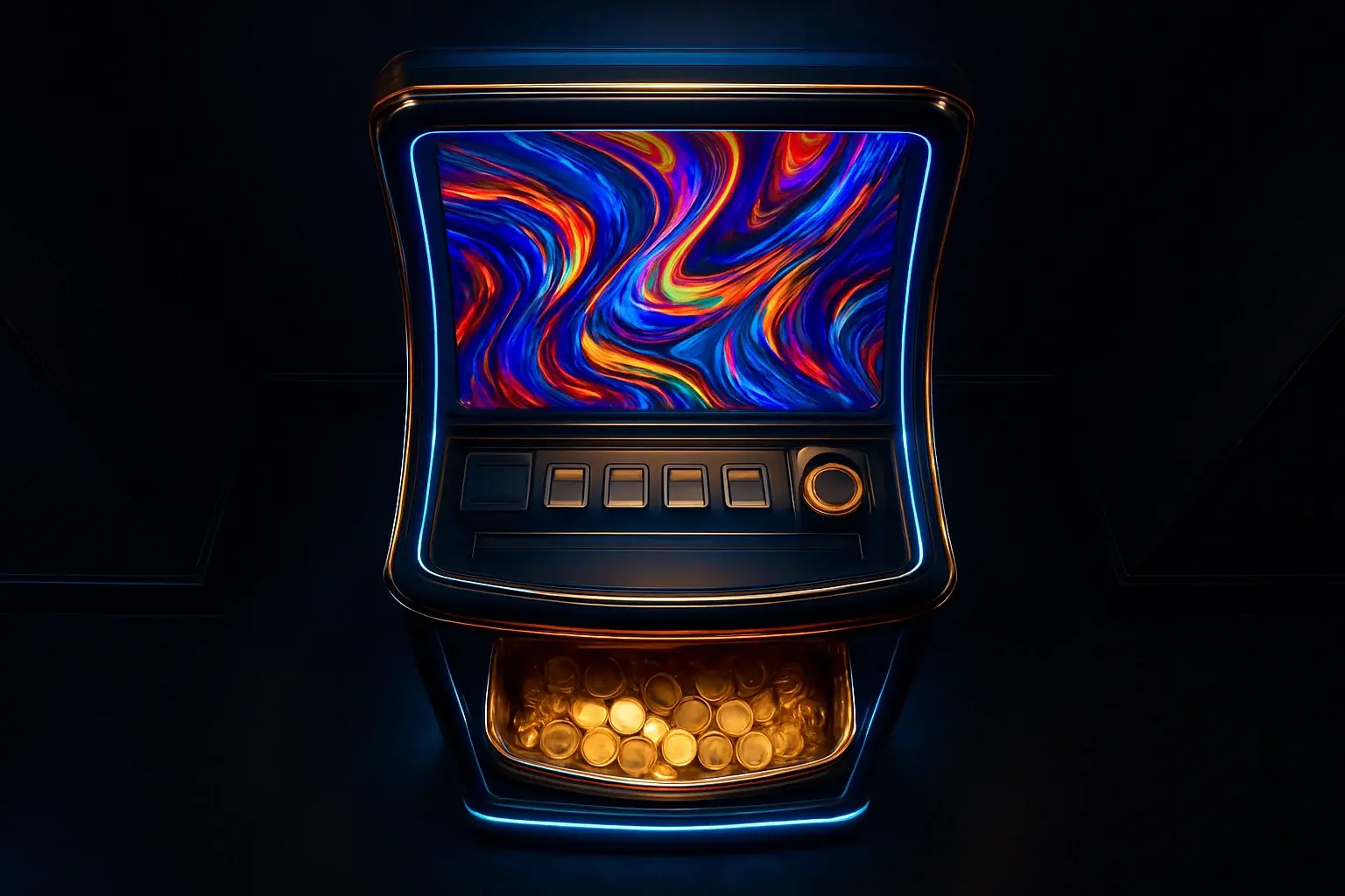 Hyperrealistic premium slot machine in dark luxury setting with neon lighting